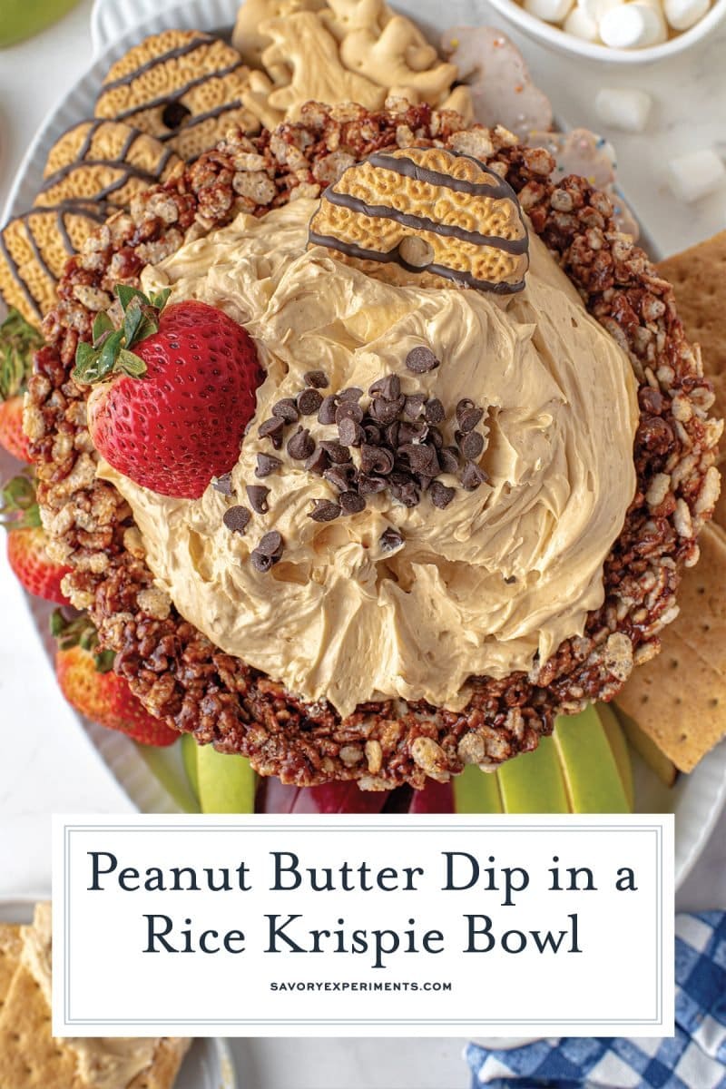 overhead shot of whipped peanut butter dip in chocolate bowl
