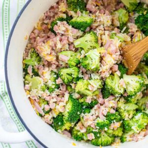overhead bowl of cheesy broccoli rice