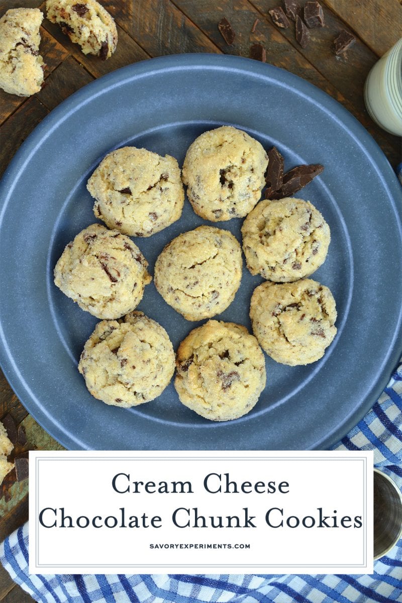 overhead of chocolate chunk cookies on a plate 