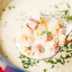 ham and potato corn chowder in ladle