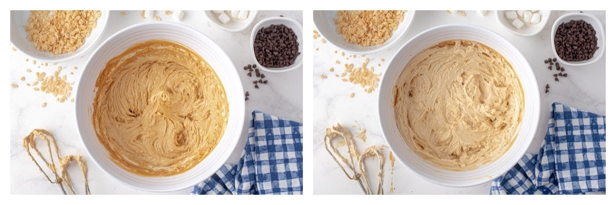 collage of whipped peanut butter dip in white bowl