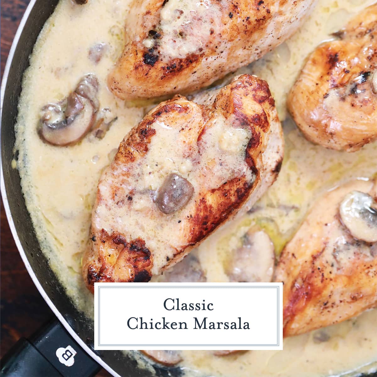 overhead of chicken breasts in creamy sauce in a skillet 