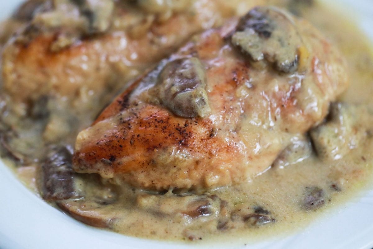 close up of chicken breast with marsala sauce on a white plate 