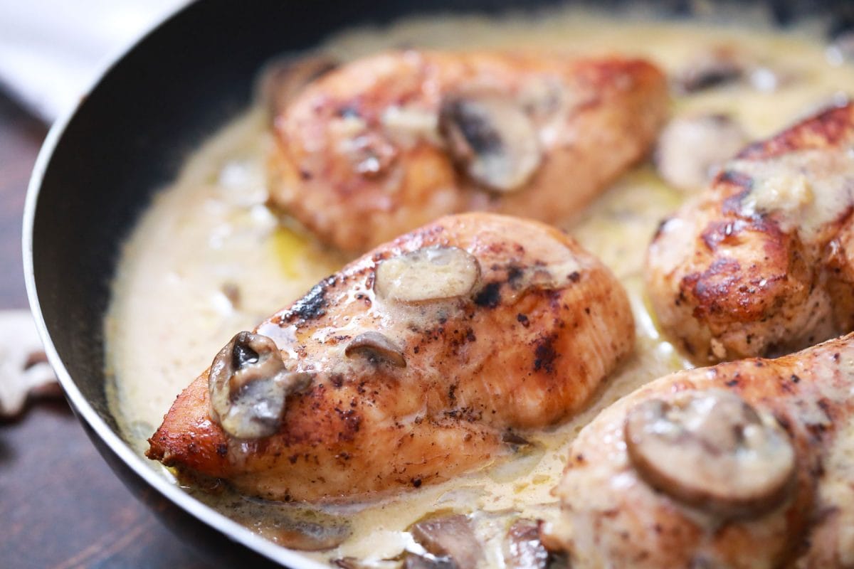 close up of a chicken breast in a cream sauce 