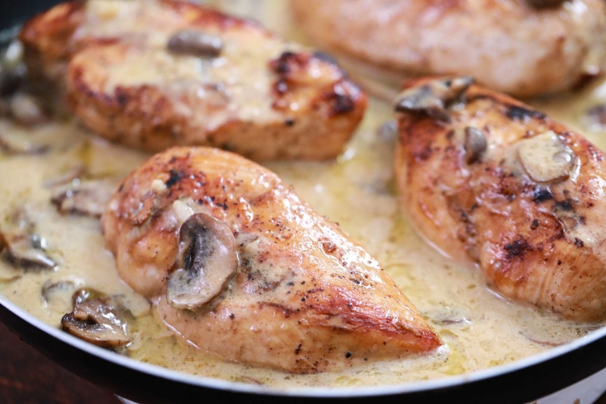 angle view of chicken in marsala sauce 