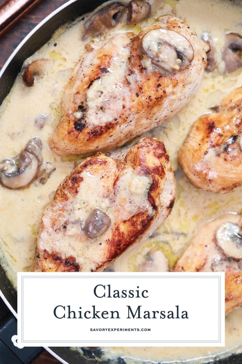 close up of chicken marsala in a skillet 