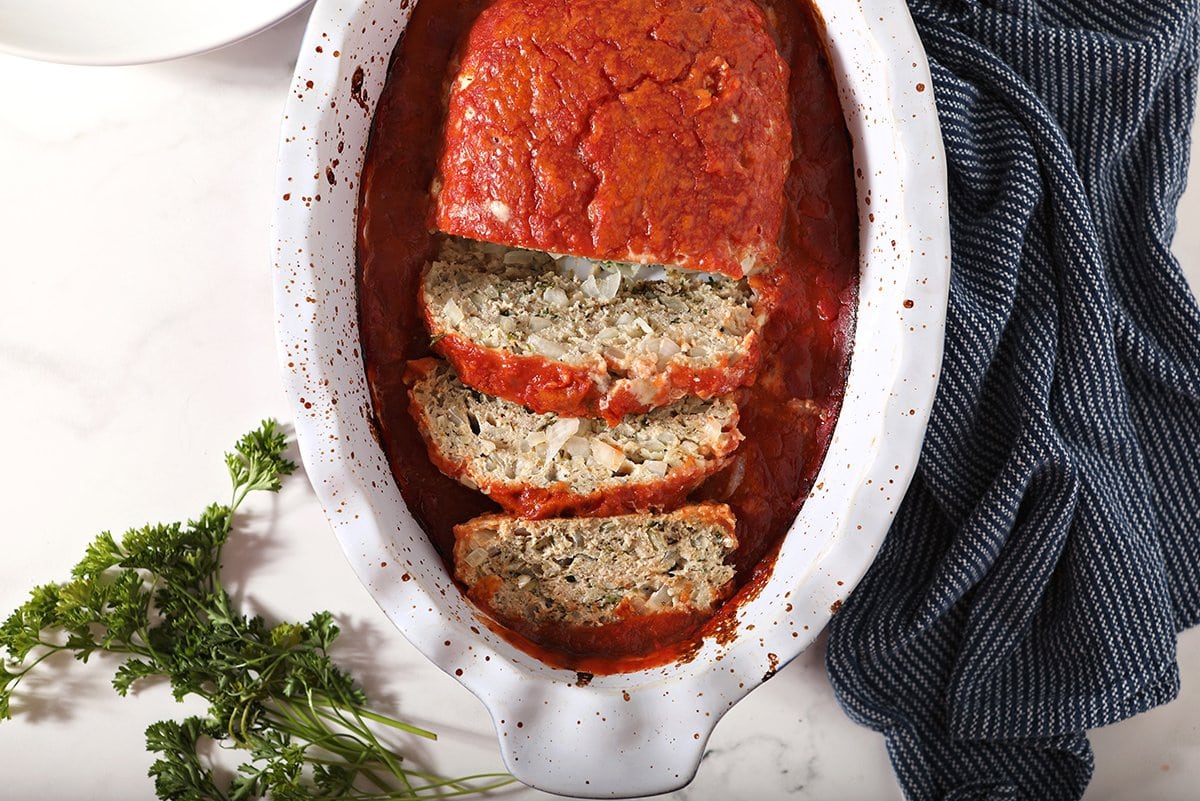 overhead of meatloaf in a baking dish 