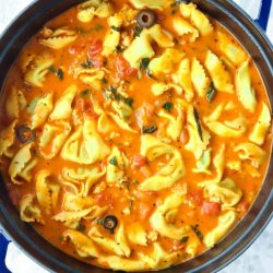 overhead shot of pot of tortellini tomato soup