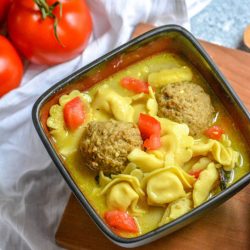 bowl of meatball tortellini soup