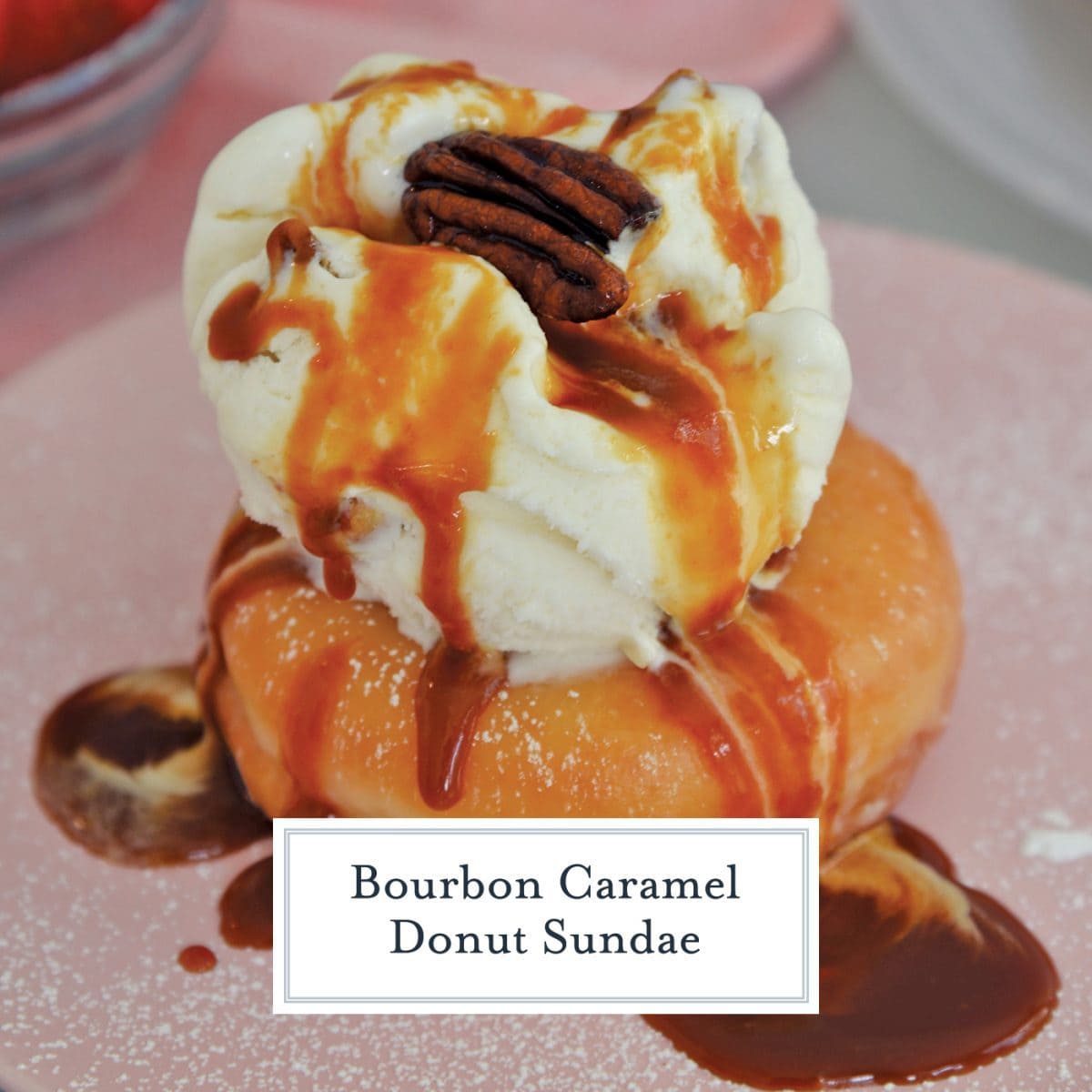 close up of ice cream donut sundae with caramel sauce 