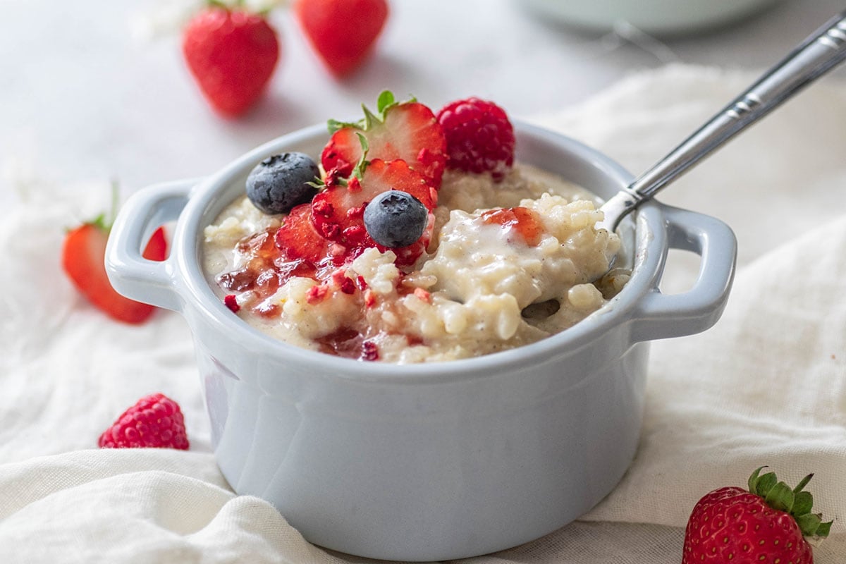 angle view of old fashioned rice pudding 