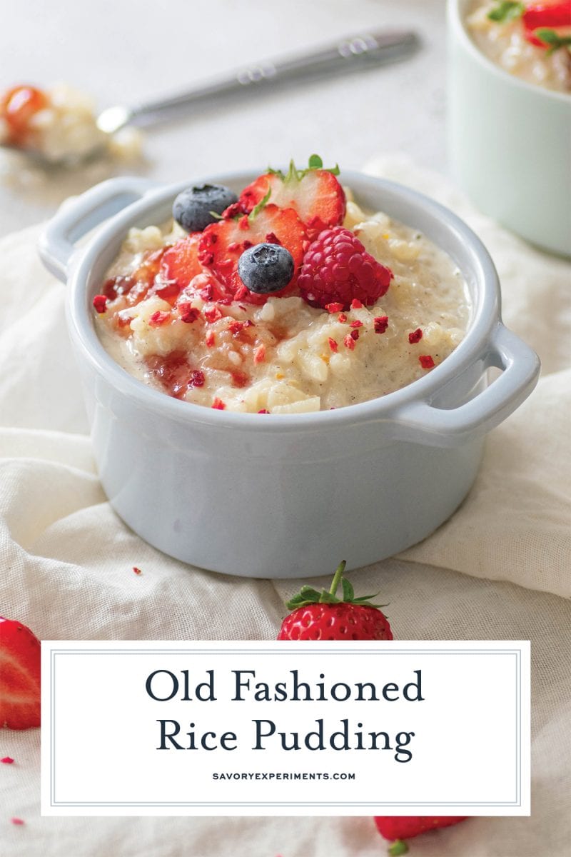 blue serving bowl with rice pudding 