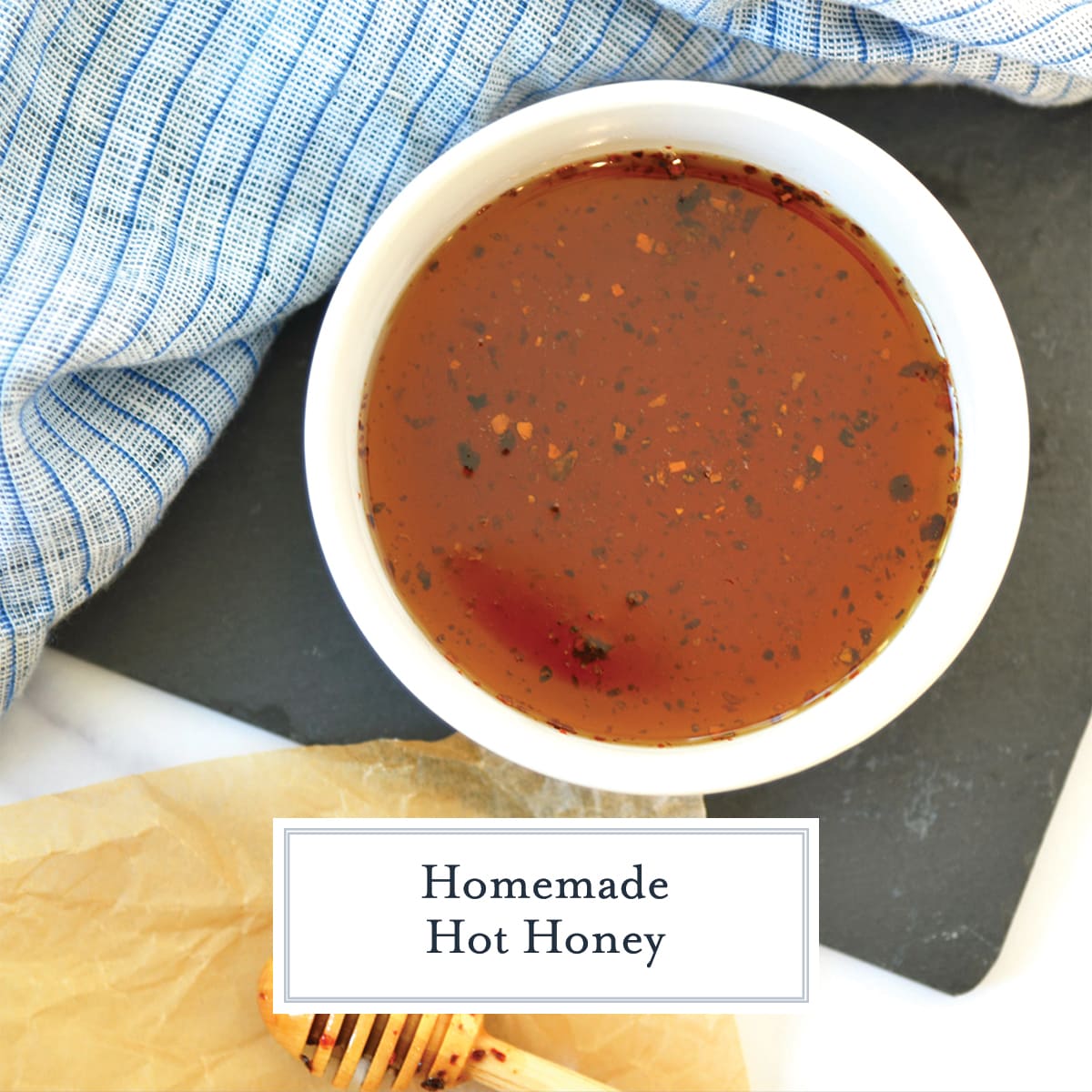 overhead of hot honey in a white serving dish 