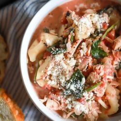 overhead shot of bowl of tortellini soup