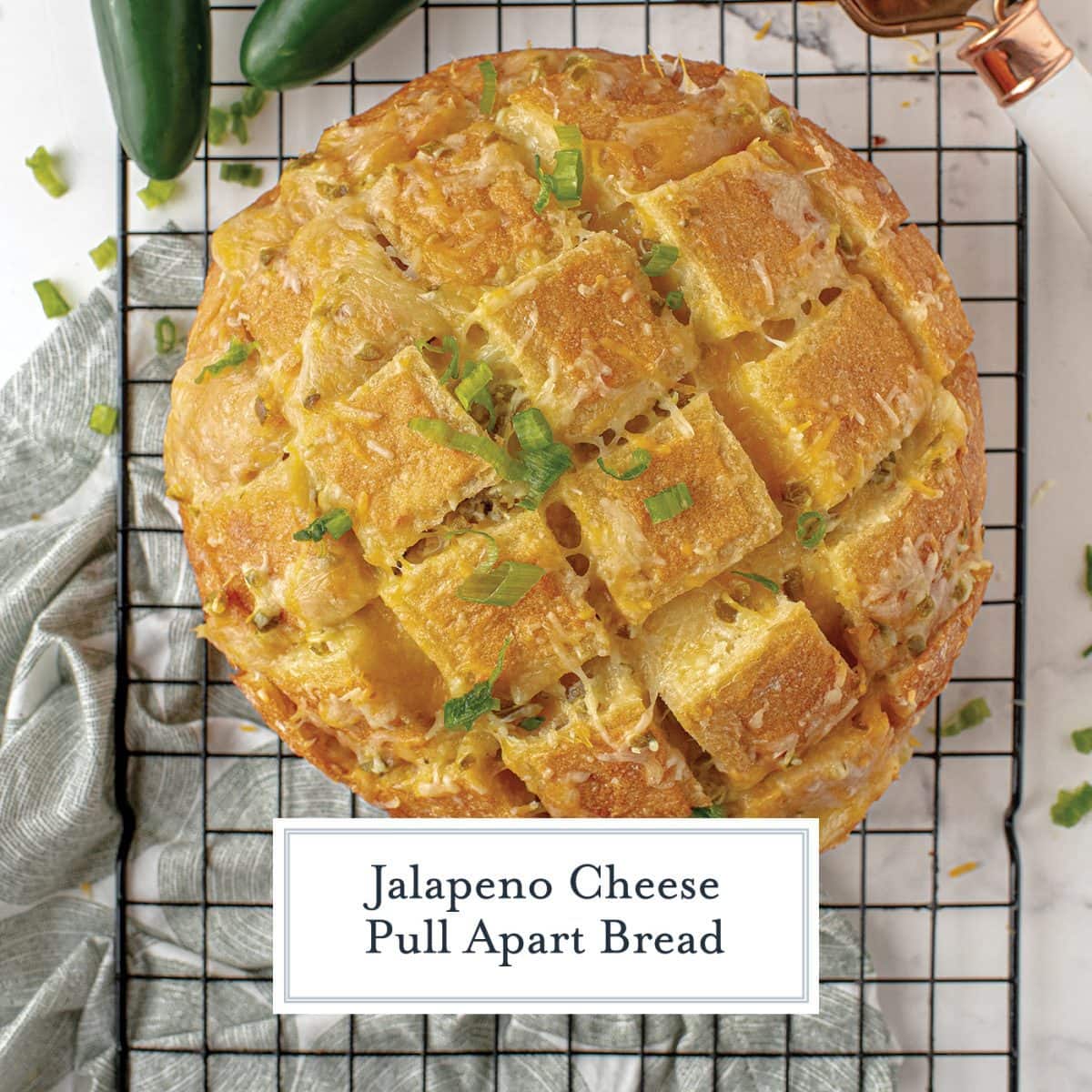 overhead of jalapeno cheese bread on a wire rack