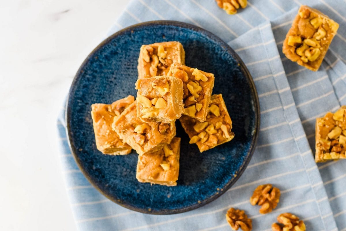 overhead of a plate with maple walnut fudge