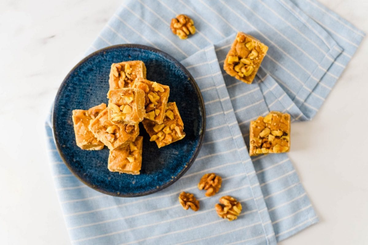 fudge squares on a blue plate 