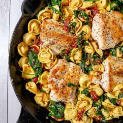 overhead shot of chicken tortellini skillet