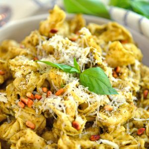 overhead angle of pesto tortellini