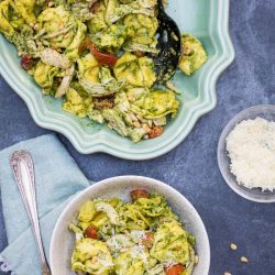 pesto tortellini in a bowl