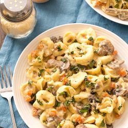 overhead shot of bowl of creamy sausage tortellini pasta