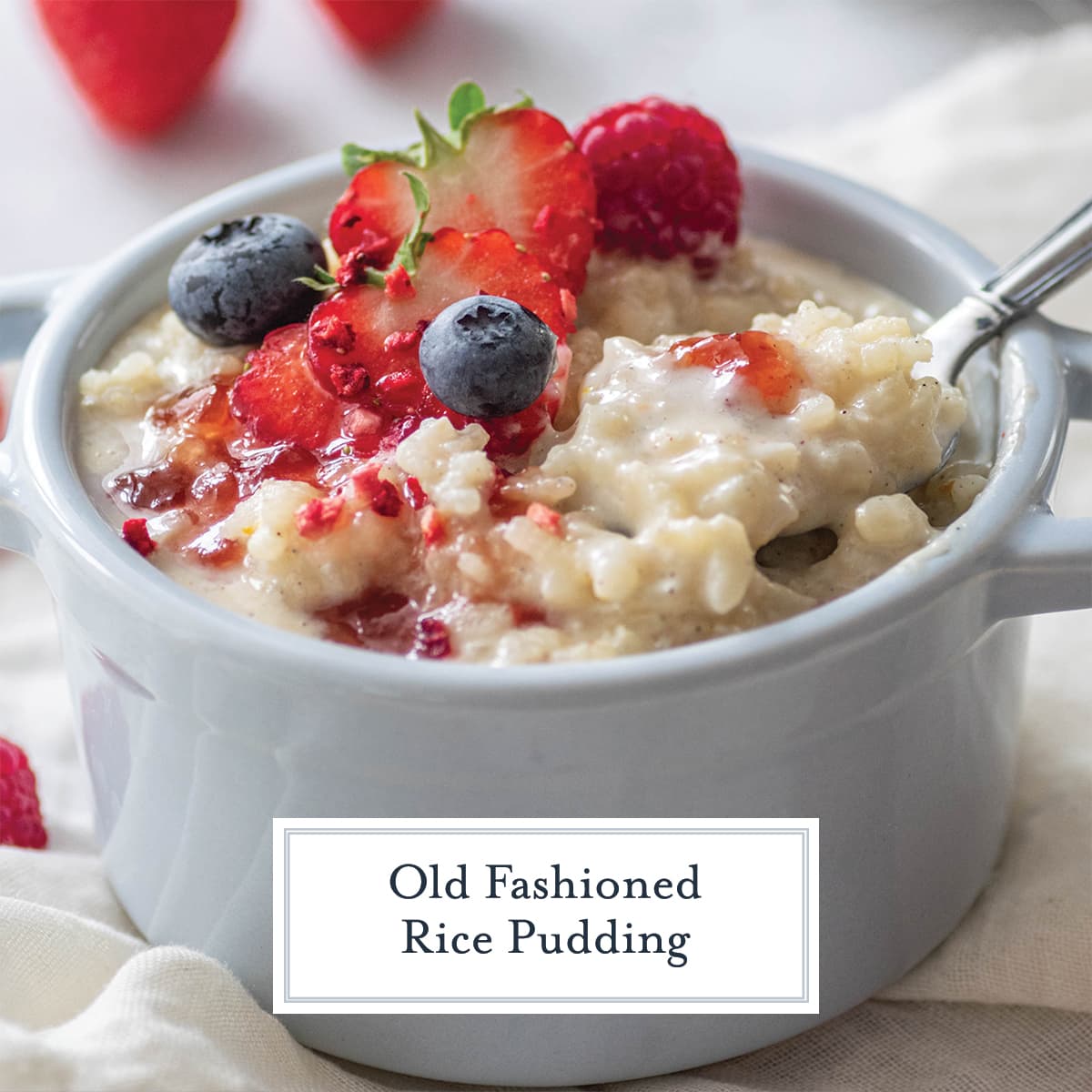 angle close up with spoon of rice pudding and fruit 