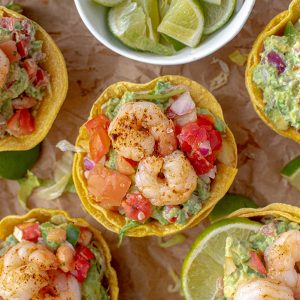 overhead of shrimp tostada cups