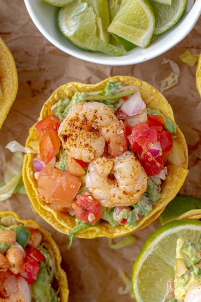 overhead of shrimp tostada cups