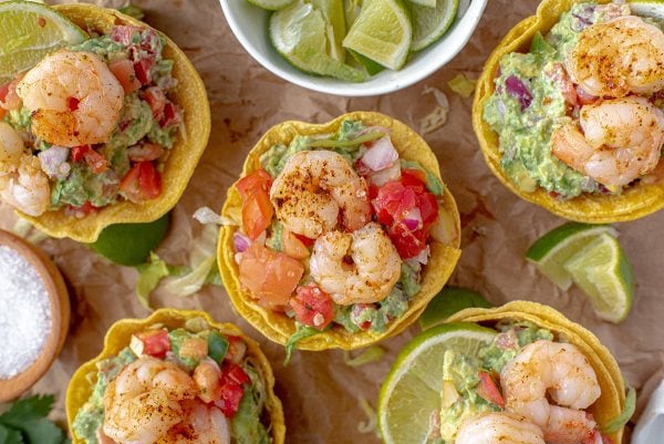 overhead of shrimp tostada cups