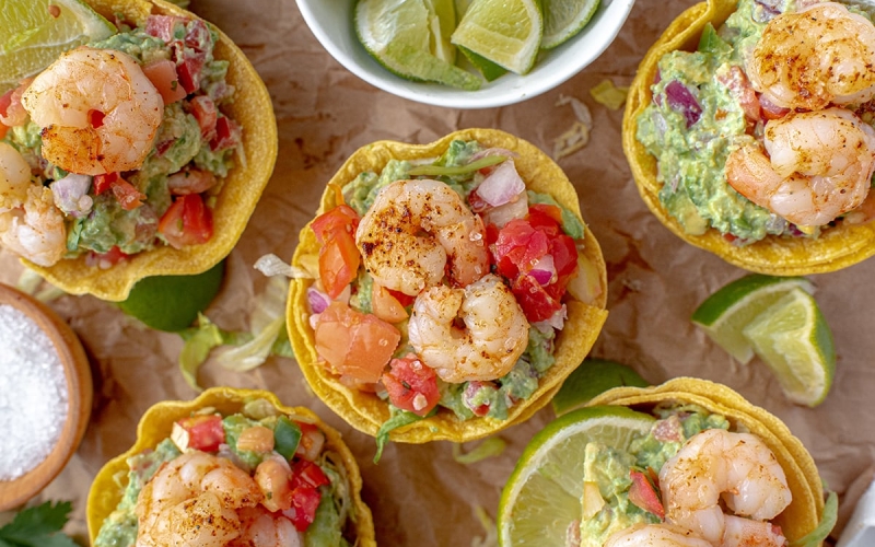 overhead of shrimp tostada cups