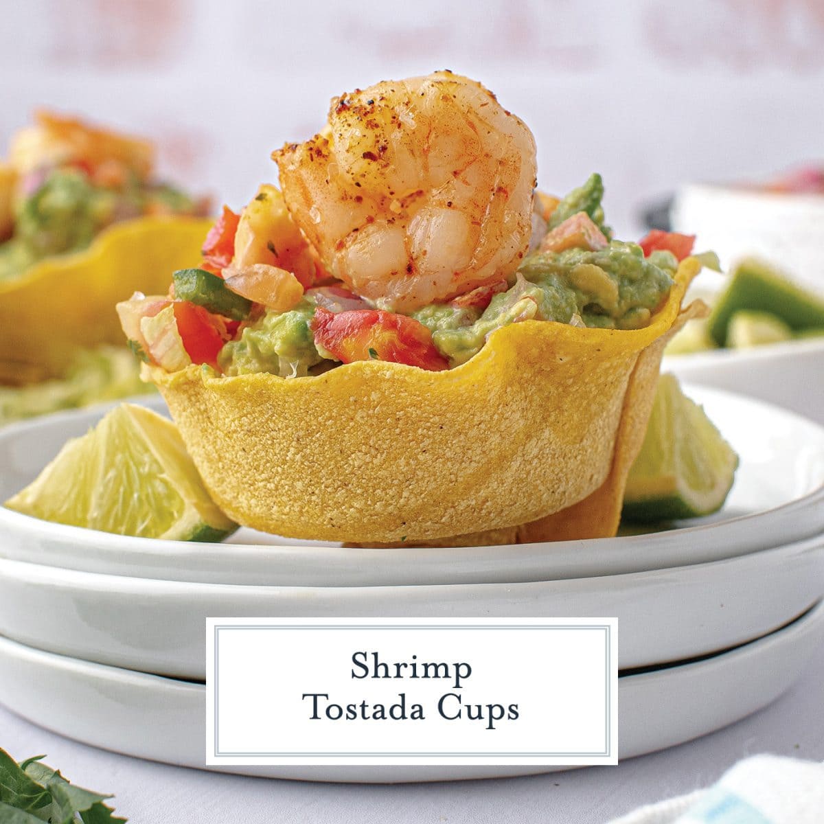 side view of shrimp tostada cup with guacamole 