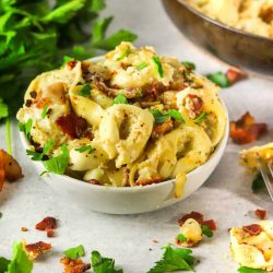 tortellini carbonara in a bowl