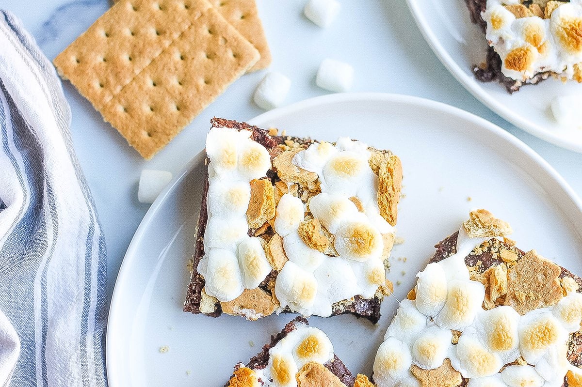 overhead plate of brownies with graham crackers and marshmallows 