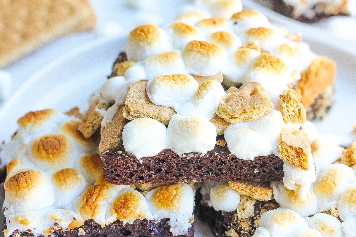 side angle of smores brownies on a white plate 