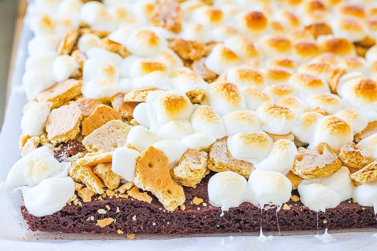 slab of brownies with melted marshmallow 