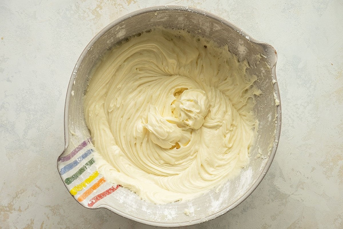 cream cheese frosting in a mixing bowl 