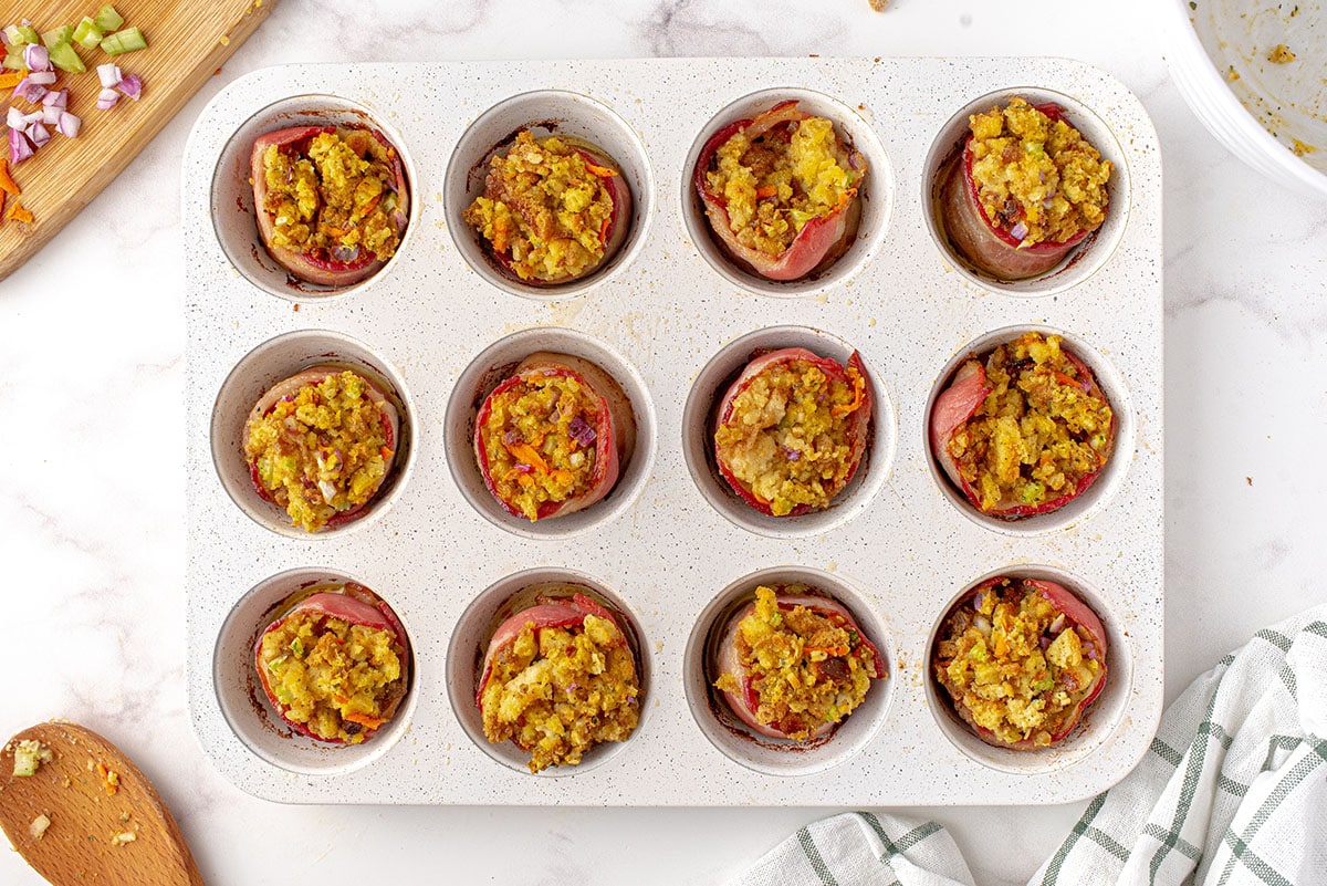 crispy individual stuffing muffins in the pan