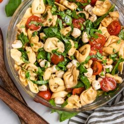 overhead shot of tortellini salad in a bowl