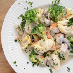 overhead shot of tortellini and broccoli on a plate