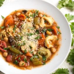 overhead shot of tortellini minestrone soup