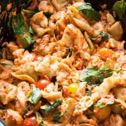 overhead shot of chicken tortellini pasta in a pot