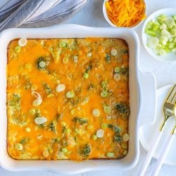 overhead of broccoli quinoa casserole