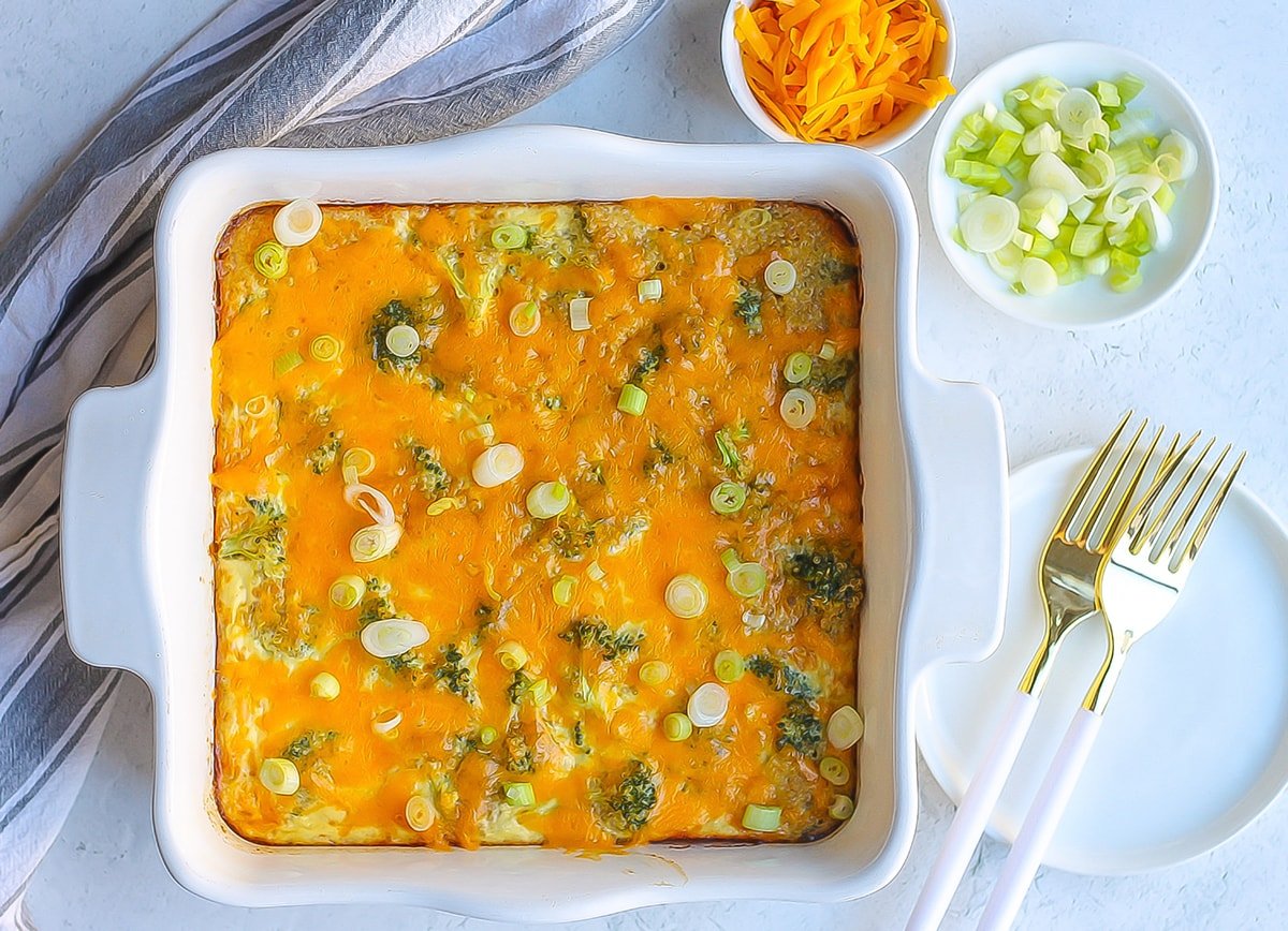 overhead of broccoli quinoa casserole