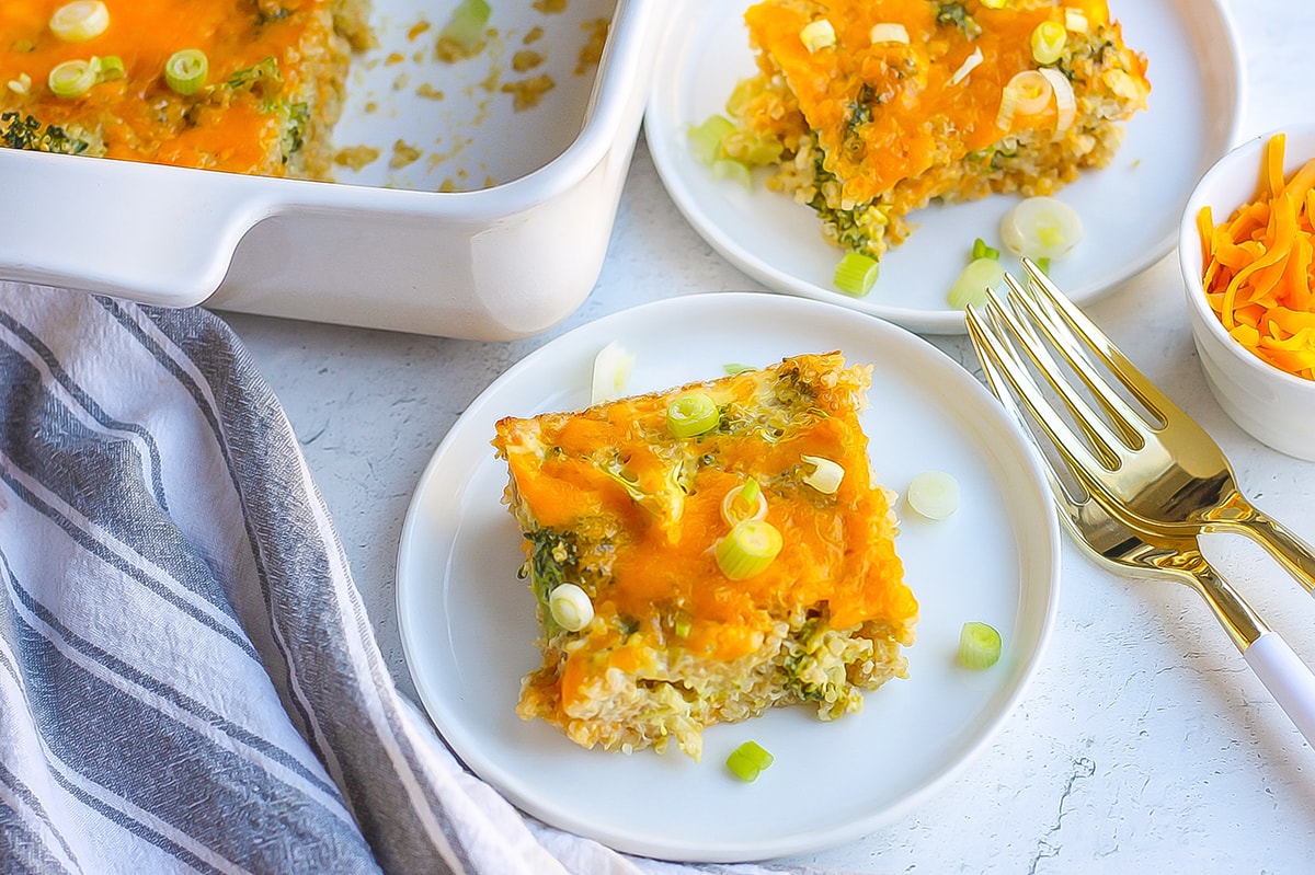 slices of broccoli quinoa casserole on individual plates