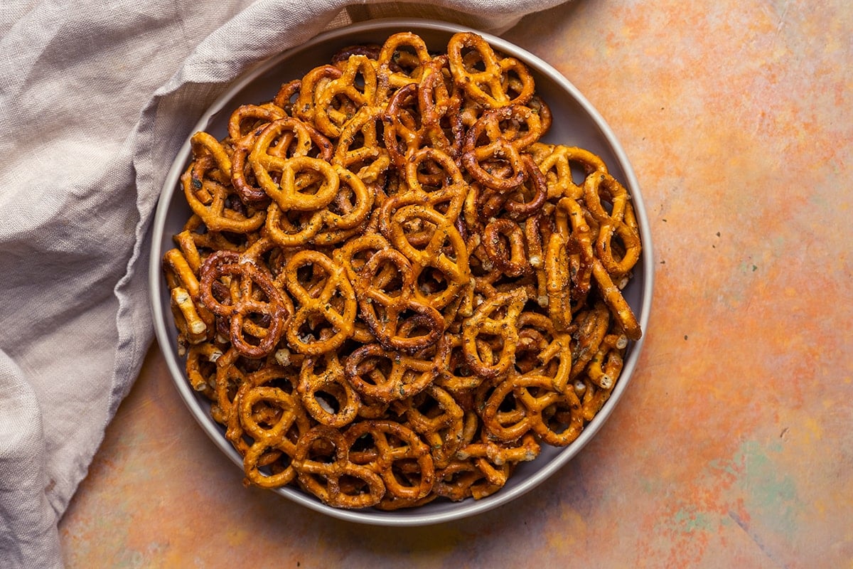overhead of dill pickle ranch pretzels in a bowl 