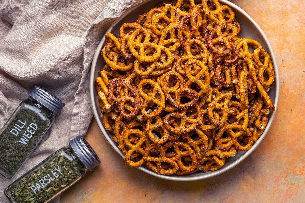 overhead of dill pickle pretzels