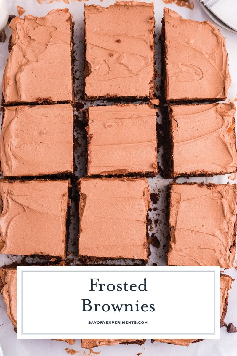 overhead shot of cut frosted brownies with text overlay