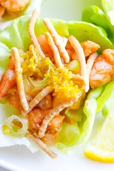 close up of shrimp lettuce wrap