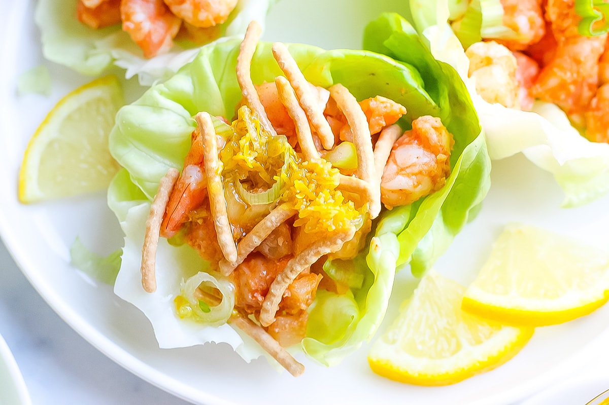 angle close up of a shrimp lettuce wrap 