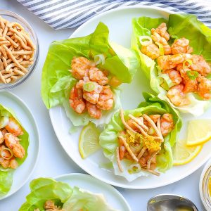 overhead of ginger shrimp lettuce wraps